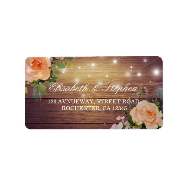 Étiquette Rustic Wood Floral String Lights Mariage Adresse (Devant)