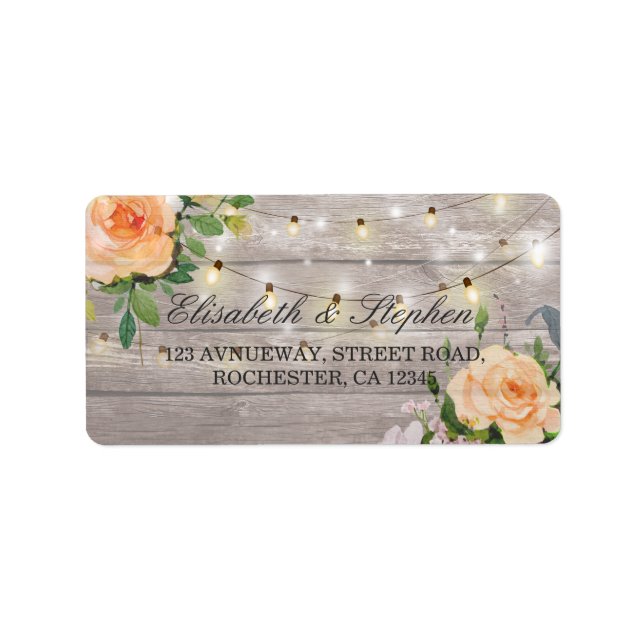 Étiquette Rustic Wood Floral String Lights Mariage Adresse (Devant)