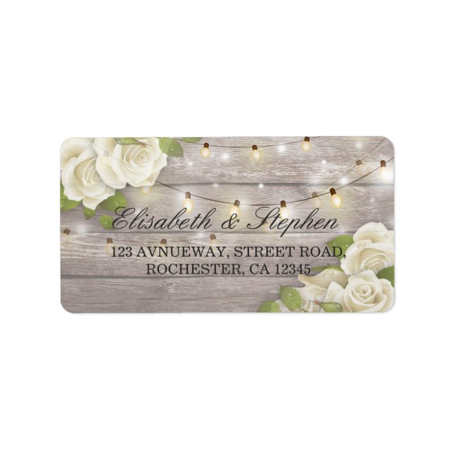 Étiquette Rustic Wood Floral String Lights Mariage Adresse (Devant)