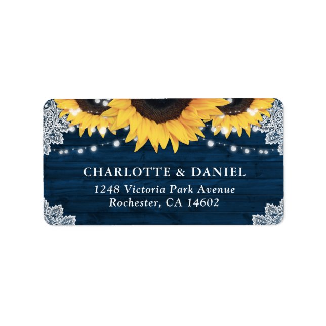 Étiquette Rustic Wood Navy Blue Sunflower Wedding Address (Devant)