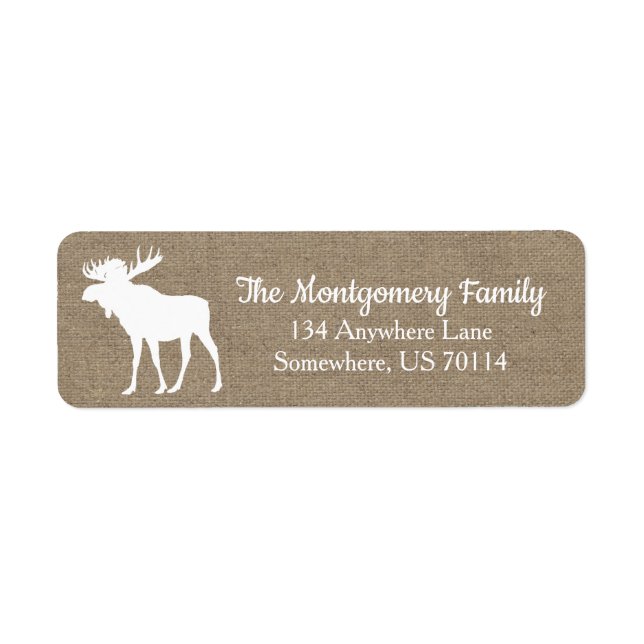 Étiquette Rustic Woodland White Moose Faux Burlap (Devant)