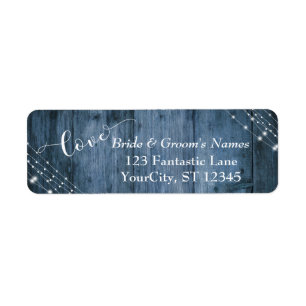 Étiquette Rustique Bois Bleu, Lumière Blanche Cordes Mariage