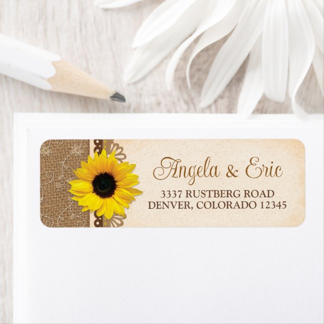 Étiquette Rustique Burlap Lace Sunflower Adresse Mariage (En situation)