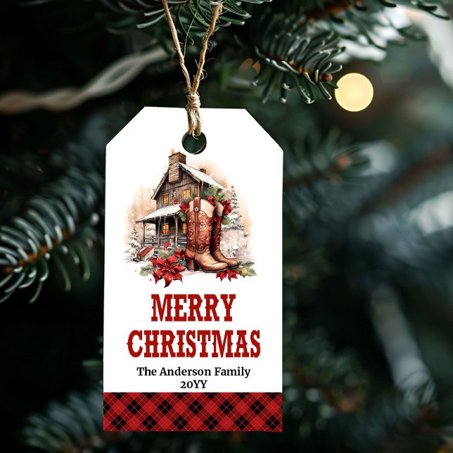 Étiquette rustique de Noël cowboy modifiable avec  (Rustic cowboy Christmas tag editable with custom)