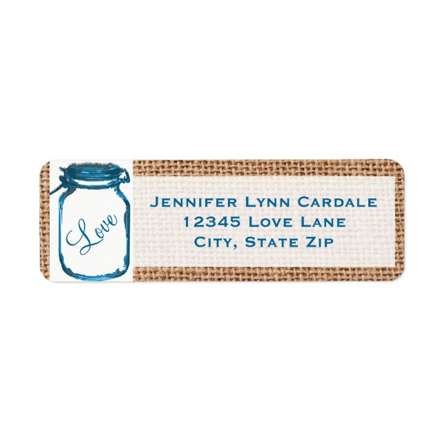 Étiquette Rustique Mason Jar Turquoise Burlap Mariage Étique (Devant)