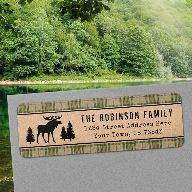 Étiquette Rustique Moose Pine Trees Green Plaid Kraft Adress (Choose from Return Address Labels, Shipping Labels or Standard Address Labels)