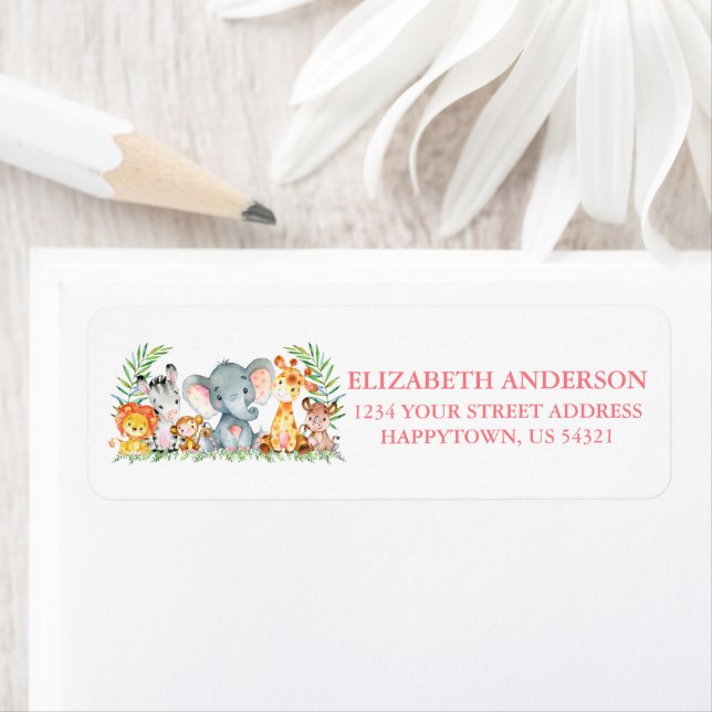 Étiquette Safari Animaux Baby shower rose Adresse de retour (En situation)