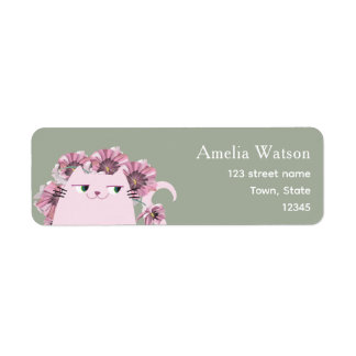 Étiquette Sage Green Floral Cat Return Address