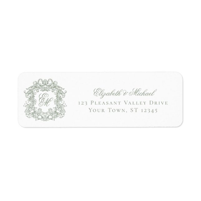 Étiquette Sage Green Monogram Crest Wedding Return Address (Devant)