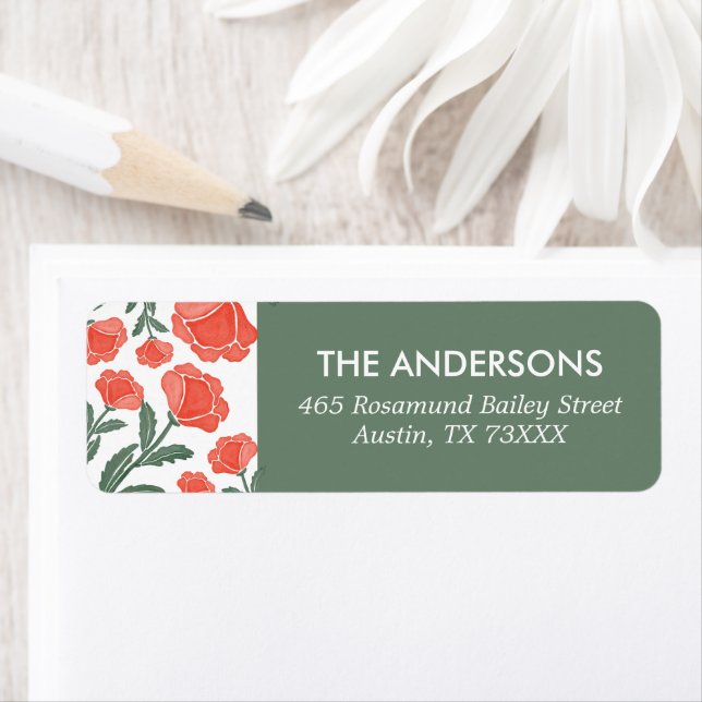Étiquette Sage Green Red Watercolour Floral Return Address (En situation)