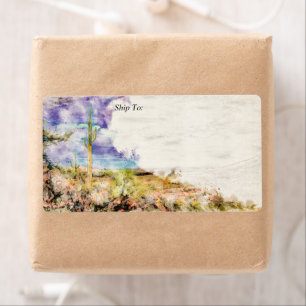 Étiquette Saguaro Cactus Arizona Desert Purple Aquarelle