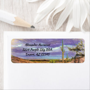 Étiquette Saguaro Cactus Purple Sky Arizona Vue sur le déser