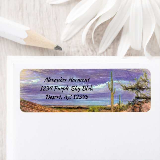 Étiquette Saguaro Cactus Purple Sky Arizona Vue sur le déser (En situation)
