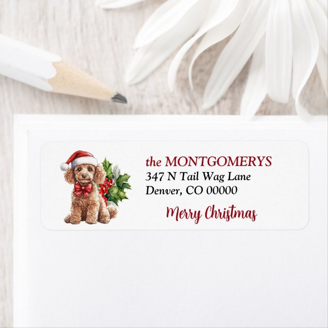 Étiquette Santa Hat Apricot Poodle Christmas Return Address (En situation)
