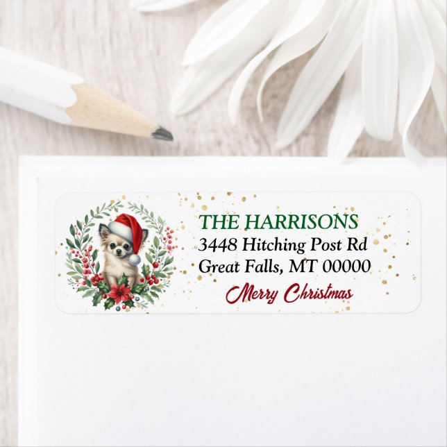 Étiquette Santa Hat Chihuahua Chien Wreath Noël (En situation)