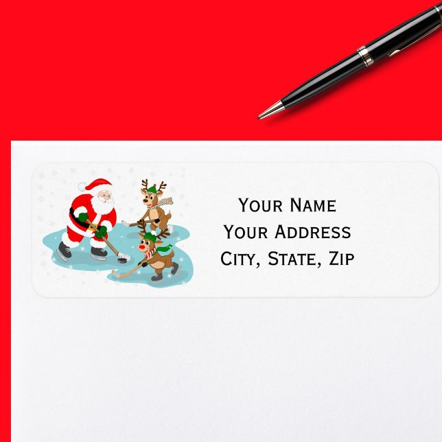 Étiquette Santa Playing Hockey with Reindeer Christmas (Créateur téléchargé)