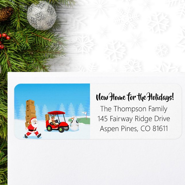 Étiquette Santa's Moving Boxes with Reindeer on Golf Course (Créateur téléchargé)