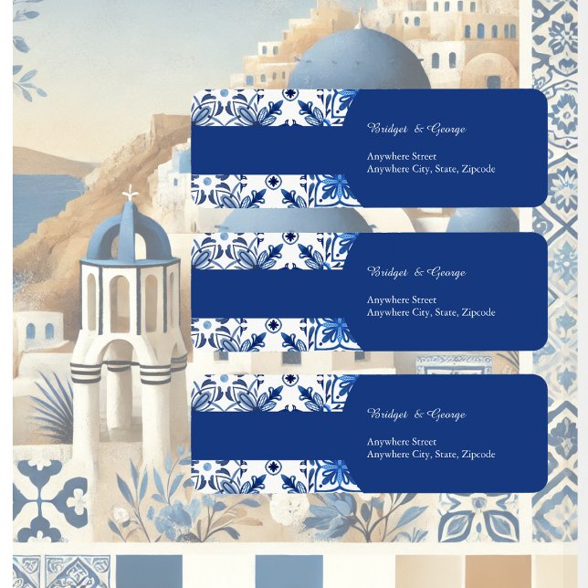 Étiquette Santorini Bleu blanc Mariage méditerranéen adresse (Créateur téléchargé)