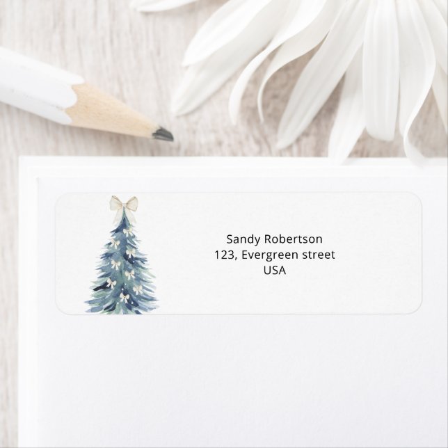 Étiquette Sapin de Noël à l'aquarelle avec des rubans (En situation)