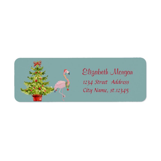 Étiquette Sapin élégant et stylé, Flamant rose avec chapeau  (Devant)