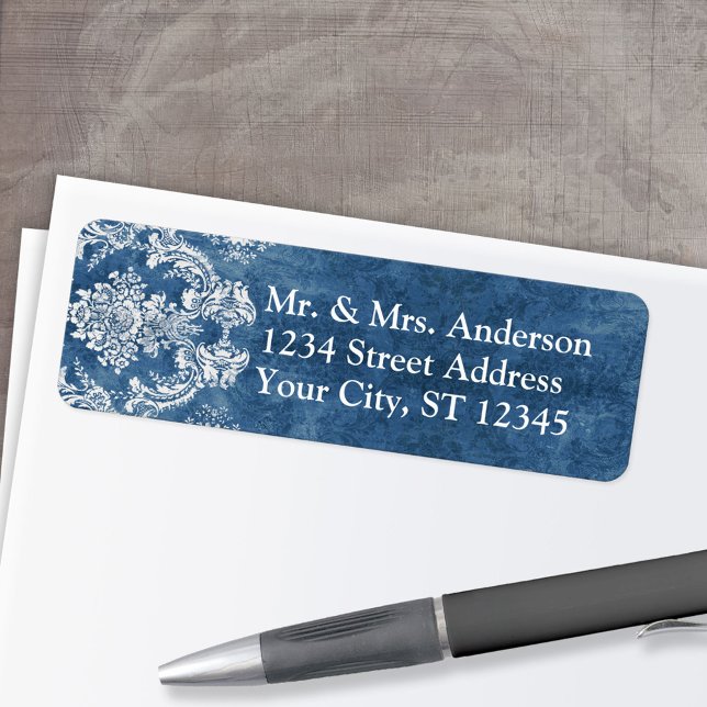 Étiquette Sapphire Bleu Rustique Damas modèle Mariage (Custom Return Address Label)