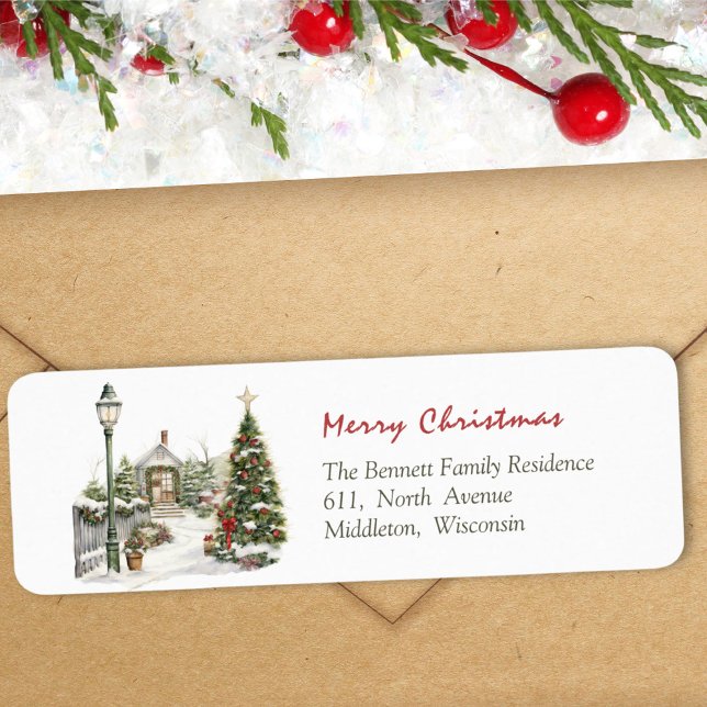 Étiquette Scène de maison de Noël festive à l'aquarelle (Créateur téléchargé)