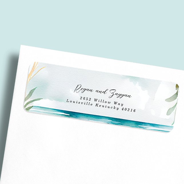Étiquette Scène de mariage de plage à l'aquarelle florale Ad (Créateur téléchargé)