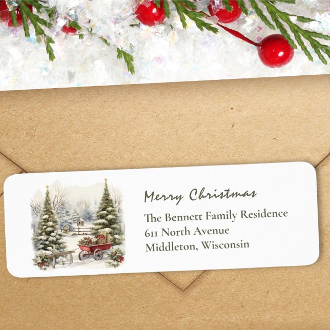 Étiquette Scène d'hiver Pine des neiges Verdure Noël Retour (Créateur téléchargé)