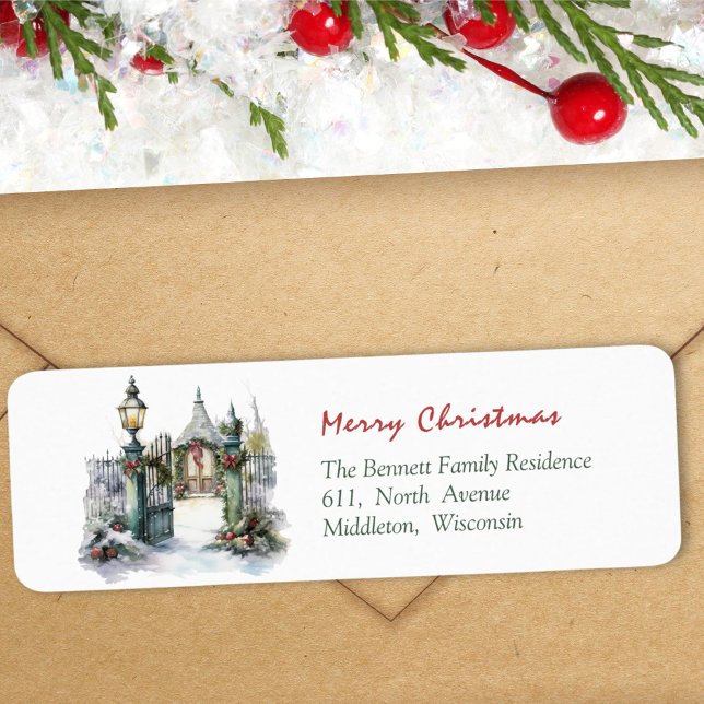 Étiquette Scène d'hiver Rouge Vert feuillage Adresse de Noël (Créateur téléchargé)