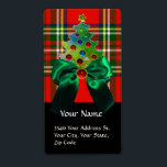 ÉTIQUETTE SCOTTISH TARTAN , GREEN BOW AND CHRISTMAS TREE<br><div class="desc">Elégant écossais classe,  écossais élégant,  dans des couleurs rouges vert blanc,  arcs brillants en soie et rubis 3D,  pierres émeraude. par Bulgan Lumini (c) Facile à customiser avec votre propre texte pour les voeux de vacances.</div>
