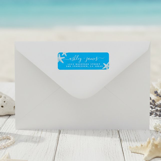 Étiquette Script Beach Starfish Blue Mariage Adresse de reto (Créateur téléchargé)