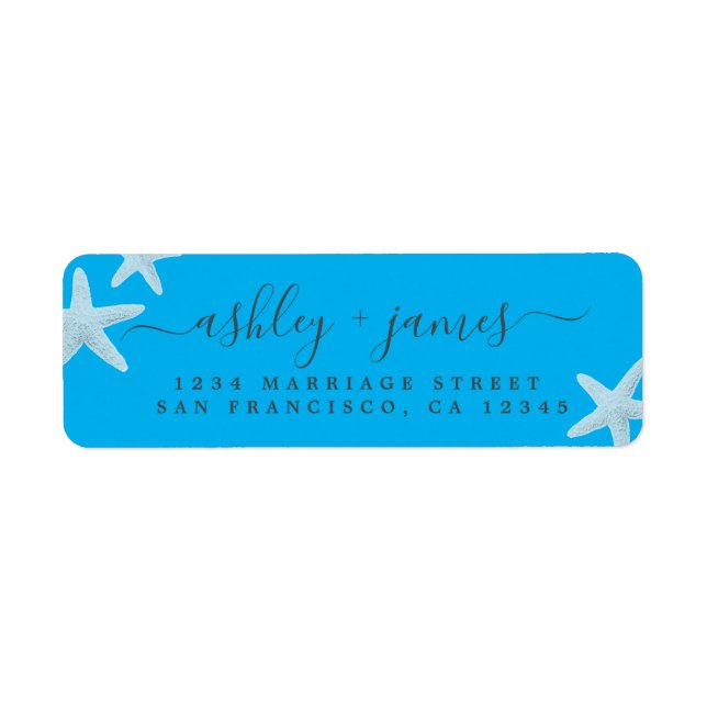 Étiquette Script Beach Starfish Blue Mariage Adresse de reto (Devant)