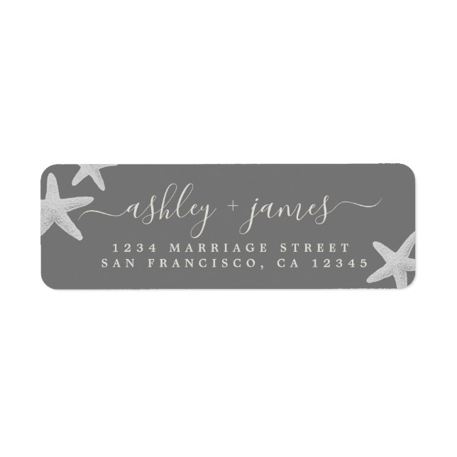 Étiquette Script Beach Starfish Grey Mariage Adresse de reto (Devant)