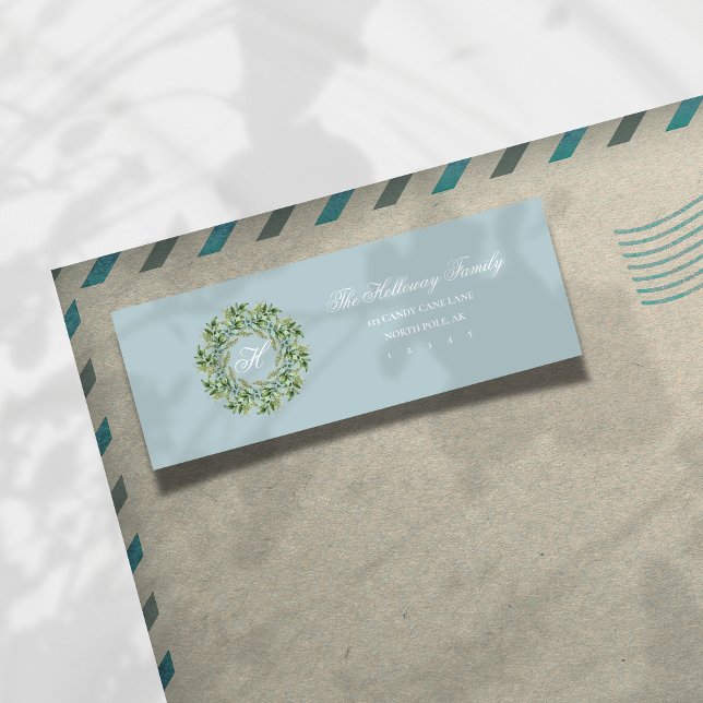 Étiquette Script bleu Monogramme Wave Holiday Adresse de ret (Send holiday greetings with a classic touch! )