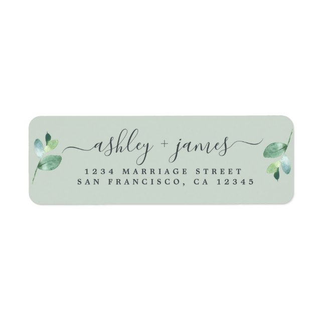 Étiquette Script chic Vert Foliage Mariage Retour Adresse L (Devant)