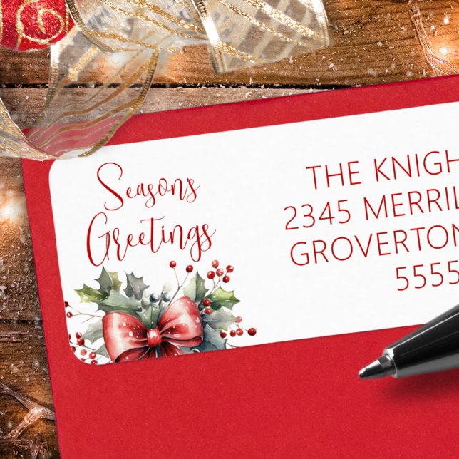 Étiquette Script Joyeuses Fêtes moderne Red Bow Holly (Créateur téléchargé)