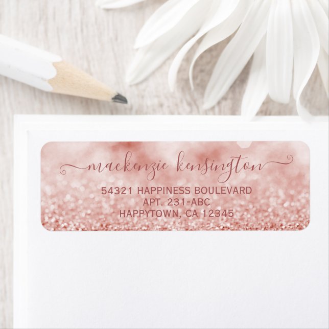 Étiquette Script manuscrit Chic Rose Parties scintillant or (En situation)