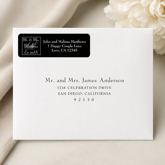 Étiquette Script Mr et Mme Monogramme Mariage Noir (Créateur téléchargé)