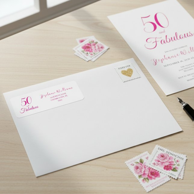 Étiquette Script rose 50 ans et Fabuleux Fête d'anniversaire (Créateur téléchargé)