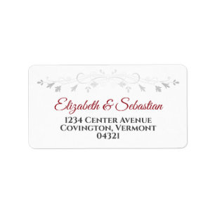 Étiquette Script rouge avec Filigree argentée sur l'adresse