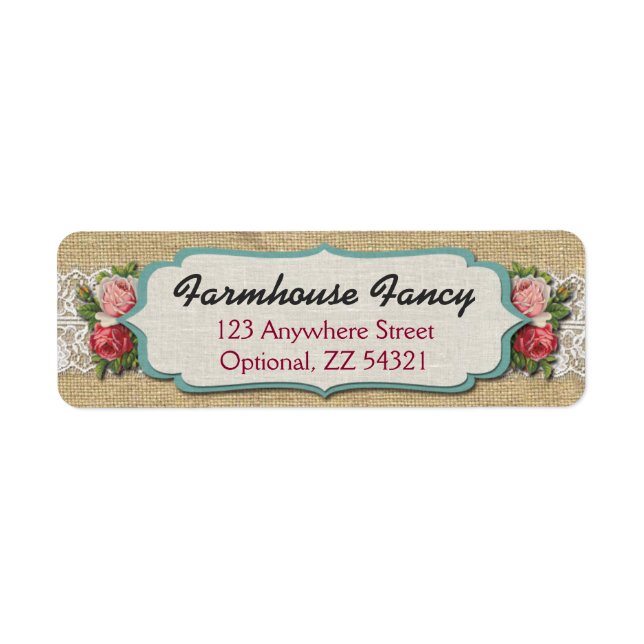 Étiquette Shabby Chic Roses & Rustic Burlap Adresse de retou (Devant)
