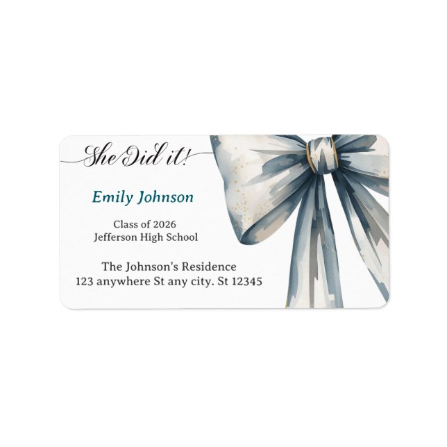 Étiquette She did it Graduation invitation Photo Blue Bow  (Devant)