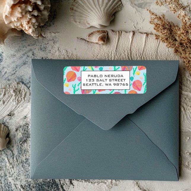 Étiquette Shells & Seaweed Beach CUSTOM Adresse postale (Shells & Seaweed Beach Colorful Cute CUSTOM Mailing Return Address Label
)