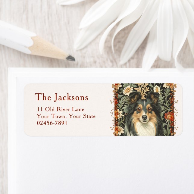 Étiquette Sheltie Shetland Sheepdog Floral Vintage (En situation)