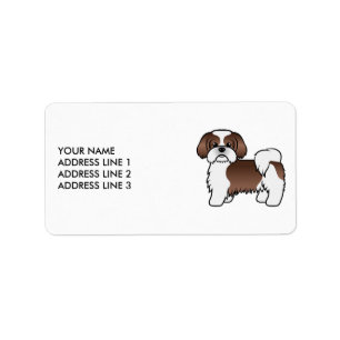 Étiquette Shih Tzu de dessin animé marron et blanc & Texte p