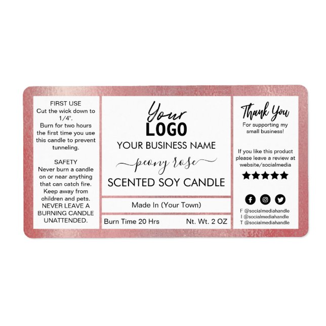 Étiquette Shimmer Rose Gold Ink Peony Scented Soy Candle (Devant)