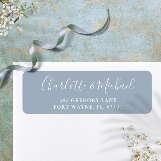 Étiquette Signature Script Dusty Blue Mariage Adresse de ret (Signature Script Dusty Blue Wedding Return Address Label)