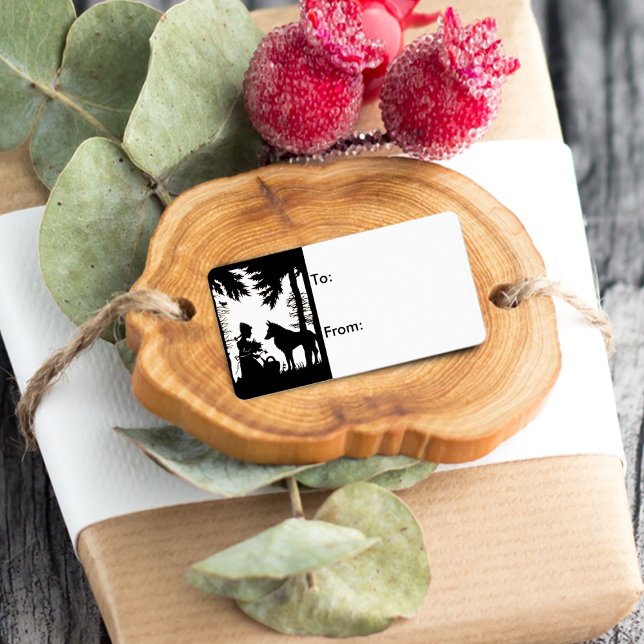 Étiquette Silhouette Noire Rouge Hood Wolf Woods (Little Red Riding Hood with woof in the forest on silhouette black and white gift tag label.)
