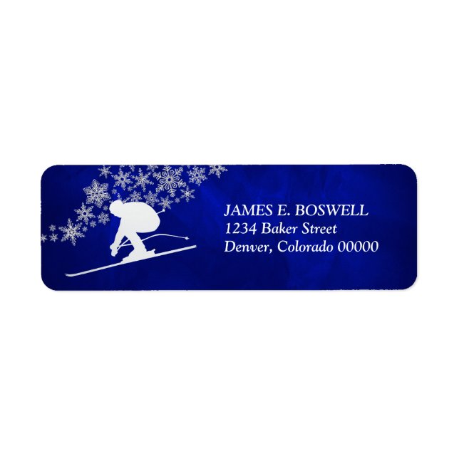 Étiquette Silver Downhill Snow Skier on Blue Adresse de reto (Devant)