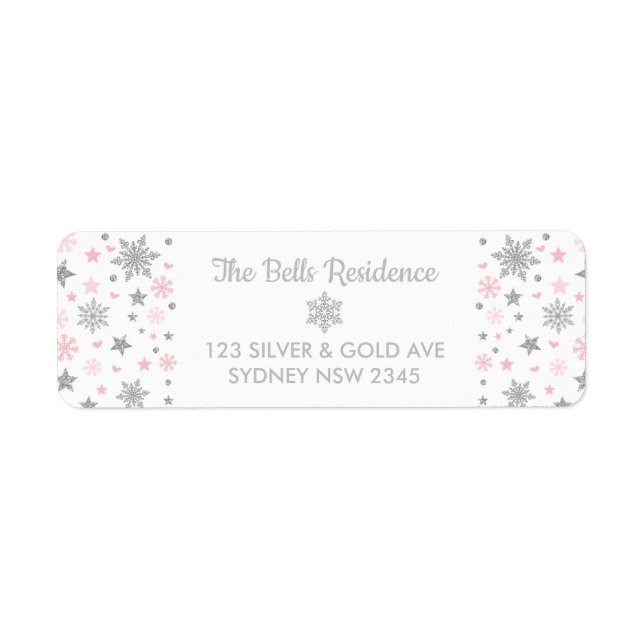 Étiquette Silver et Pink Snowflakes Hiver Vacances Onederlan (Devant)
